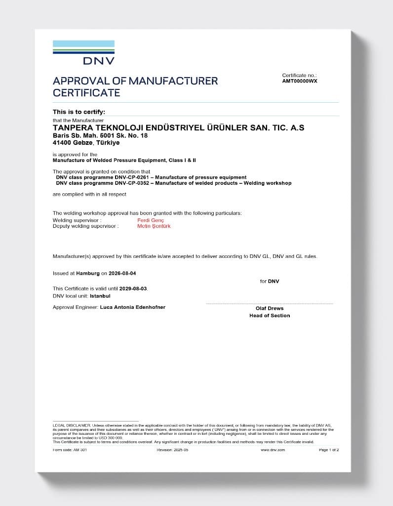 DNV — İmalatçı Onay Sertifikası (Basınçlı Ekipman, Sınıf I & II)