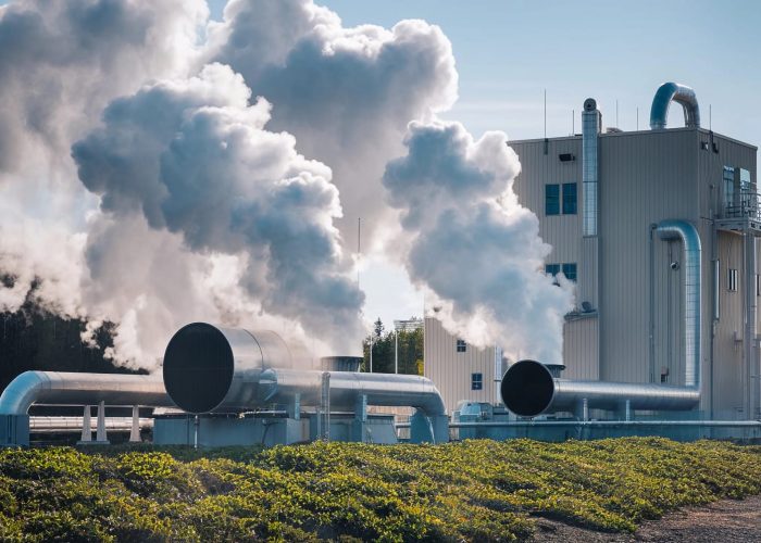 large-white-smoke-stack-with-blue-sky-trees-background