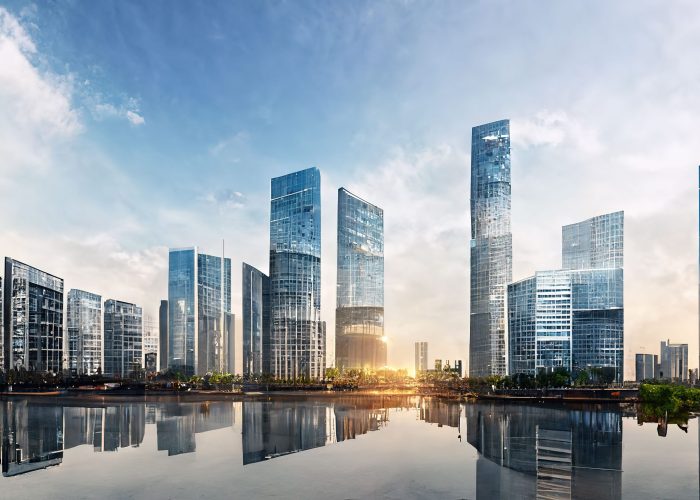 A hyper-realistic illustration of skyscrapers reflected in water