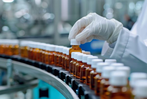 Pharmacist scientist with sanitary gloves examining medical vials on production line conveyor belt in pharmaceutical, healthcare factory manufacturing prescription drugs, medication mass production Pharmacist scientist with sanitary gloves examining medical vials on production line conveyor belt in pharmaceutical, healthcare factory manufacturing prescription drugs, medication mass production